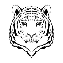 Vector hand drawn in ink tiger head. Happy Chinese New Year 2022 year of the tiger. Face for tattoo  logos, emblems, badges, template labels and t-shirts vintage design elements. Isolated on white.
