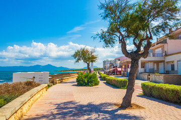 Beautiful promenade and beach landscape panorama Can Picafort Mallorca Spain.