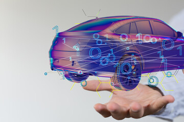 Hologram auto, futuristic polygonal model auto.