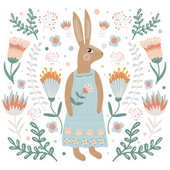 Happy Easter card in folk art style. Rabbit or bunny in a dress, and floral motifs. Spring illustration.