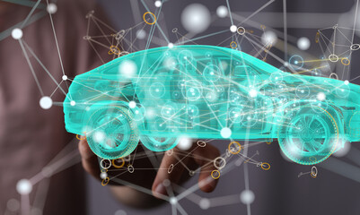 Hologram auto, futuristic polygonal model auto.