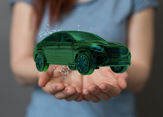 Hologram auto, futuristic polygonal model auto.