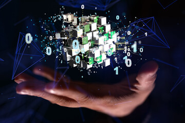 Augmented Analytics Data cloud storage network from lines, triangles and particle style design. Illustration