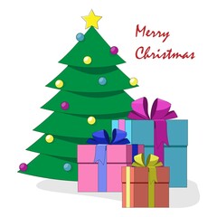 Cartoon piggy bank, xmas tree with coins and big gift box . Cash back concept. Vector illustration isolated on white background.