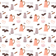 Different coffee mugs, pots and coffee makers. Seamless pattern. Coffee element and quote for cafe or kitchen vector wallpaper