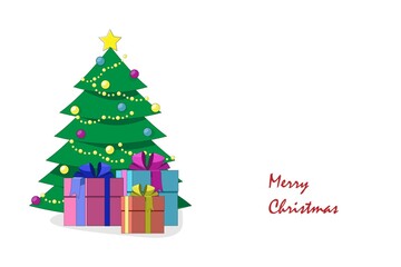 Decorated Christmas tree with gift boxes. Merry Christmas and and happy new year. Cartoon style vector illustration.