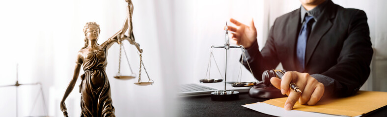 justice and law concept.Male judge in a courtroom on wooden table and Counselor or Male lawyer...