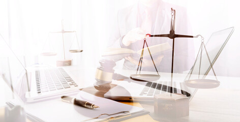 Business and lawyers discussing contract papers with brass scale on desk in office. Law, legal services, advice, justice and law concept picture with film grain effect