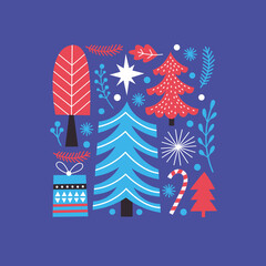 Fototapeta premium Christmas illustration. Christmas trees, fir branches, snowflakes. Apparel design, t-shirt print, stationary design 