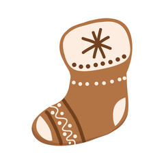 Christmas gingerbread stocking or sock. New year and Christmas decoration. Cartoon flat style. Holiday gingerbread cookies