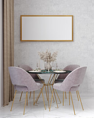 Dining room with mock-up poster on gray wall with pink chair, 3d render, 3d illustration.