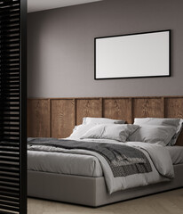 mock up horizontal poster frame in modern bedroom interior background, 3D render, 3D illustration