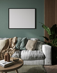 Mockup poster in the Scandinavian living room on green wall background, 3d render, 3d illustration