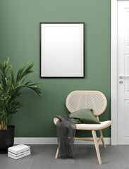 Mockup frame in simple minimal interior with green wall, 3d render