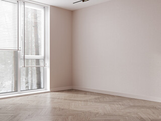 Empty room mockup with wooden floor, window and empty beige wall, 3d rendering