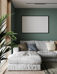 Poster frame mockup in home interior background with white sofa, table and decor in living room, 3d rendering