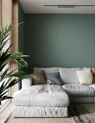 Green home interior background, modern style, 3d render