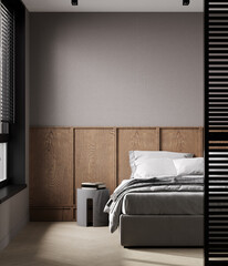Beige bedroom interior with wooden headboard, loft partition and decor. 3d render