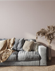 Cozy light home interior mock-up in pastel colors with gray sofa and pampas grass, 3d render