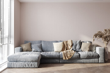 Home mockup, living room in beige and gray colors,3d rendering