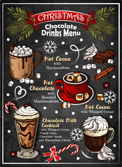 Doodle chalk drawing Christmas chocolate drinks menu on blackboard. Sketch hand drawn banner of hot drinks, marshmallow, cinnamon, candy cane, whipped cream, New Year's cocktails. Vector illustration. - 469366062