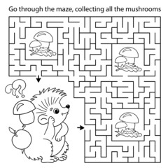 Maze or Labyrinth Game. Puzzle. Coloring Page Outline Of cartoon little hedgehog with basket of mushrooms. Coloring book for kids.