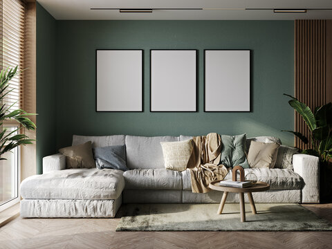 mockup posters frames in warm green living room with white sofa, plant and coffee table on wooden laminate. cozy interior background. Bright stylish room mockup. 3d render