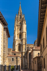 View of the tower of the Cathedral of Oviedo, Uvieu, in Asturias. 