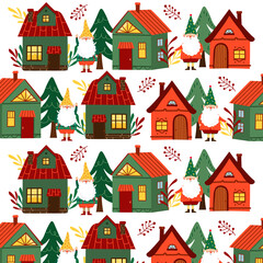 Fototapeta na wymiar Cute cozy pattern with houses and little gnomes. Cute pattern with houses and gnomes for wrap paper