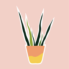 House plant in the pots. Trendy home decor with plants. Vector illustration. Sticker.