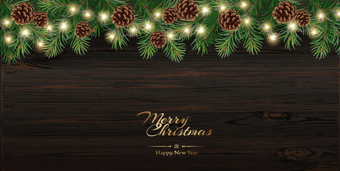 Vector Christmas frame with tree branches on wood background and light garlands. Christmas decoration concept