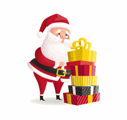 Santa Claus with gifts. Christmas character in cartoon style. Vector illustration isolated.