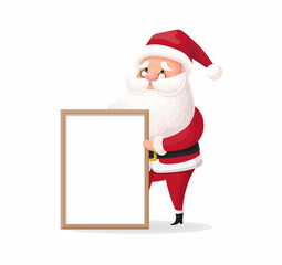 Santa Claus with poster. Christmas character in cartoon style. Vector illustration isolated.