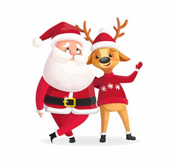 Santa Claus with Deer. Christmas characters in cartoon style. Vector illustration isolated.