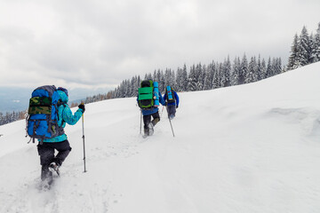 Group of hikers explore the wild mountain terrain in the deep snow. - 469367446