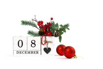 Frame with copy space for the calendar from wooden blocks for the month of December. Christmas Day, New Year. Advent calendar. December 8. Perpetual calendar.