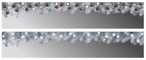 Vector border with white fir branches and with festive decoration elements on transparent background. Christmas tree garland with fir branches, pine cones, and glass decoration