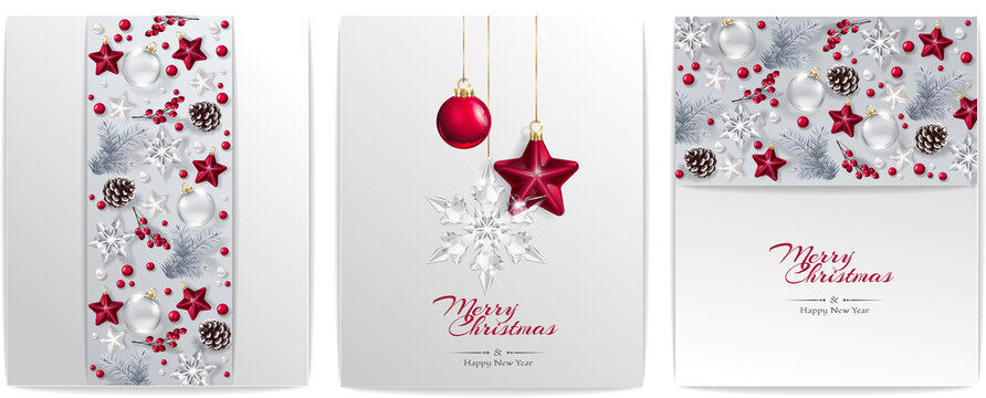 Christmas decorative border and background made of festive decoration elements. New Year concept. White and red color