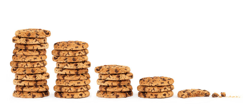 Multiple stacks of cookies, banner with copyspace for your advertising