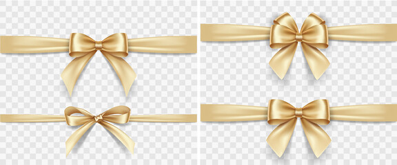 Set of satin decorative golden bows with horizontal yellow ribbon isolated on white background. Vector gold bow and gold ribbon - obrazy, fototapety, plakaty