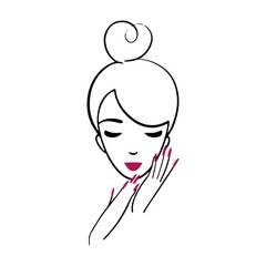 Minimal elegant logo for a beauty salon, nail studio. Line woman portrait with hands. 
