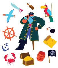 Pirate, treasure chest, map, parrot, anchor, isolated on white background.