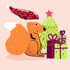 Squirrel in a Santa hat with gifts and a Christmas tree, Christmas