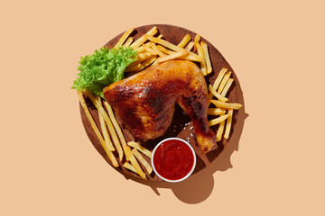 Grilled chicken meat on a plate on orange pastel background