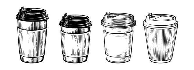 different cups with coffee or tea. hand drawing engraving