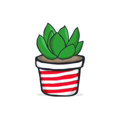 Cactus succulent in a stripped flowerpot. Succulent in pot. Regular cacti succulent. Hygge lifestyle vector collection.