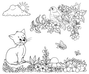 Illustration. The kitten is watching a bird sitting on a sakura branch. Coloring book. Antistress for adults and children. The work was done in manual mode. Black and white.