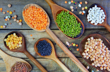 Many spoons with a selection of legumes on a wooden background