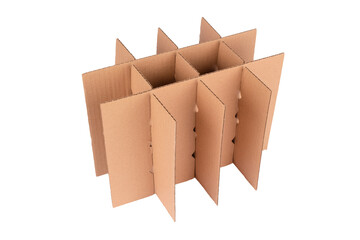 Cardboard grid or box cell deviders package for glass bottles packaging and transportation isolated on white. Adjustable carton box devider made with recycled corrugated cardboard. Selective focus