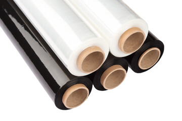 Set of plastic packaging materials - plastic white and black stretch film rolls isolated on white....